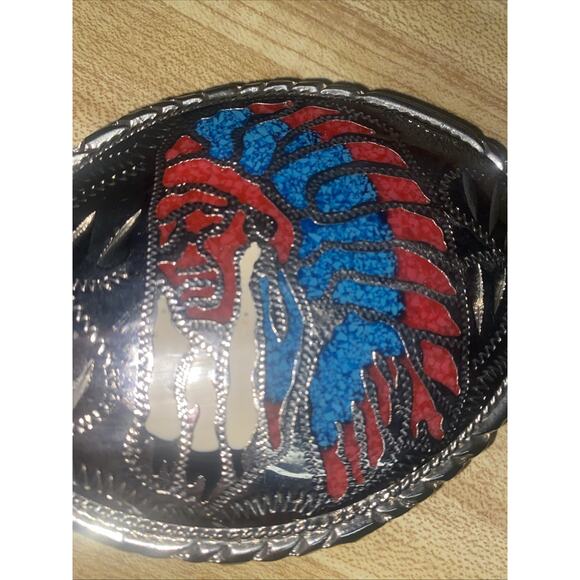 1988 Native American War Bonnet Belt Buckle Inlaid Turquoise Coral Sunset Trails - Picture 5 of 6